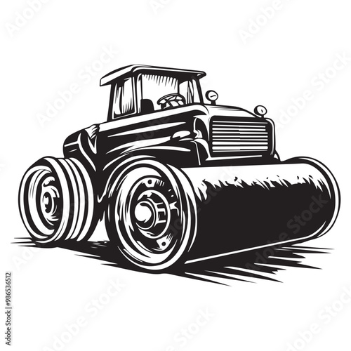 Road Roller Roller-Compactor or Steamroller cartoon Silhouette, compactor roller silhouettes. Heavy machinery for construction and mining
