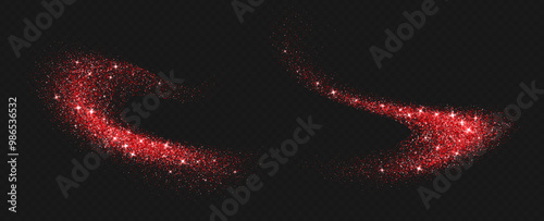 Obraz na płótnie Red glitter splashes, shiny star dust explosion, shimmer spray effect, festive holiday particles isolated on a dark background. Vector illustration. Christmas decoration. w salonie
