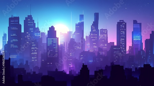 A Vibrant Purple and Blue Cityscape with Silhouettes of Skyscrapers and a Bright Moon