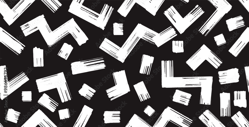 Seamless pattern zig zag lines, triangles is made with a brush. Abstract black monochrome shapes. Memphis design retro geometric elements. Vector zig zag brush strokes, ink. Template black shapes. Seamless pattern zig zag lines, triangles is made with a brush. Abstract black monochrome shapes. Memphis design retro geometric elements. Vector zig zag brush strokes, ink. Template black shapes.