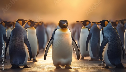 King penguin making way through a group of penguins