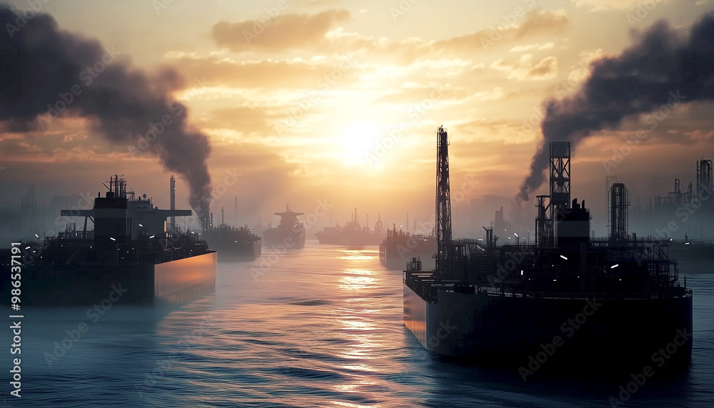 View of vessels with a silhouette of power plant on the background against vivid sunset. View of vessels with a silhouette of power plant on the background against vivid sunset.