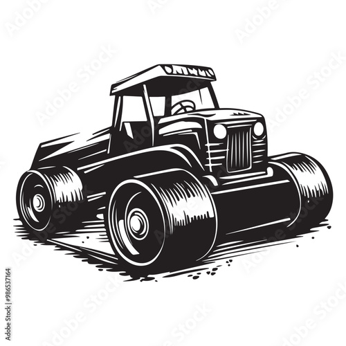 Road Roller Roller-Compactor or Steamroller cartoon Silhouette, compactor roller silhouettes. Heavy machinery for construction and mining