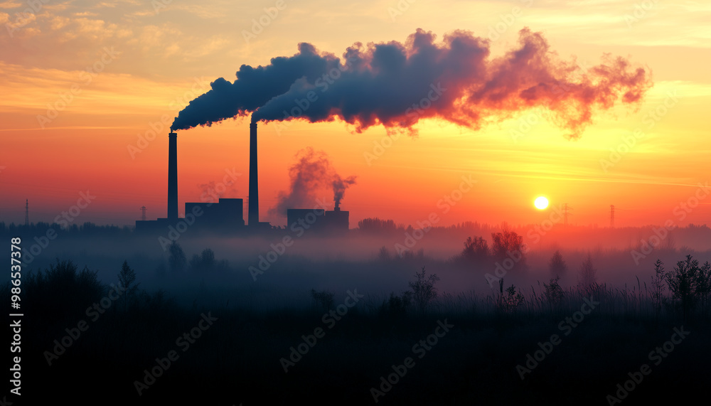 Silhouette of a city under global warming effect. Seeing the pollution from the chimney and smog all around the city.