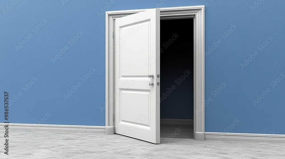A white door opening into a dark room, set against a blue wall. Perfect for themes of mystery and opportunity. A white door opening into a dark room, set against a blue wall. Perfect for themes of mystery and opportunity.