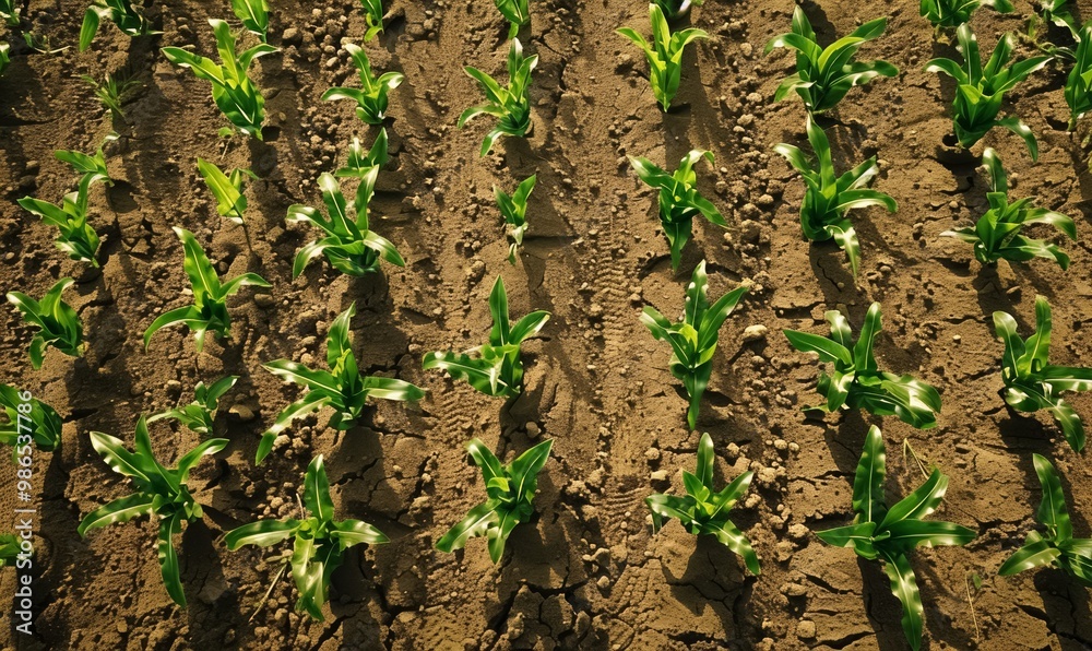 green corn seedlings growing in vast field, agricultural land with fertile soil, young maize plants thriving in cultivated field, fresh sprouts emerging from rich farmland green corn seedlings growing in vast field, agricultural land with fertile soil, young maize plants thriving in cultivated field, fresh sprouts emerging from rich farmland