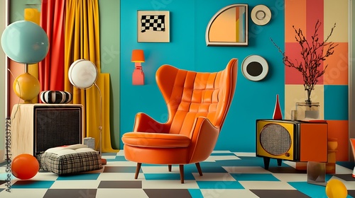 Wallpaper Mural Mid-Century Modern Living Room with Orange Armchair and Geometric Patterns Torontodigital.ca