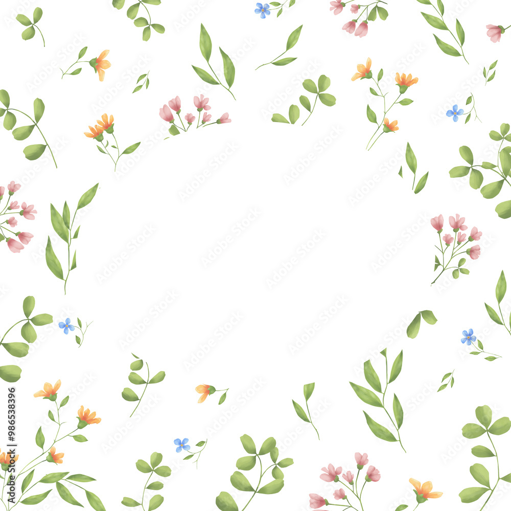 Light meadow flowers and green leaves grow on the frame. Watercolor digital illustration. Cute floral pattern, isolated on white background. Watercolor flowers and fragile leaves and twigs Light meadow flowers and green leaves grow on the frame. Watercolor digital illustration. Cute floral pattern, isolated on white background. Watercolor flowers and fragile leaves and twigs