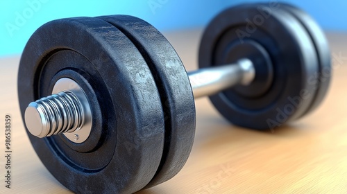 Close-up of a black rubber dumbbell on a wooden surface, perfect for fitness and gym-related themes.