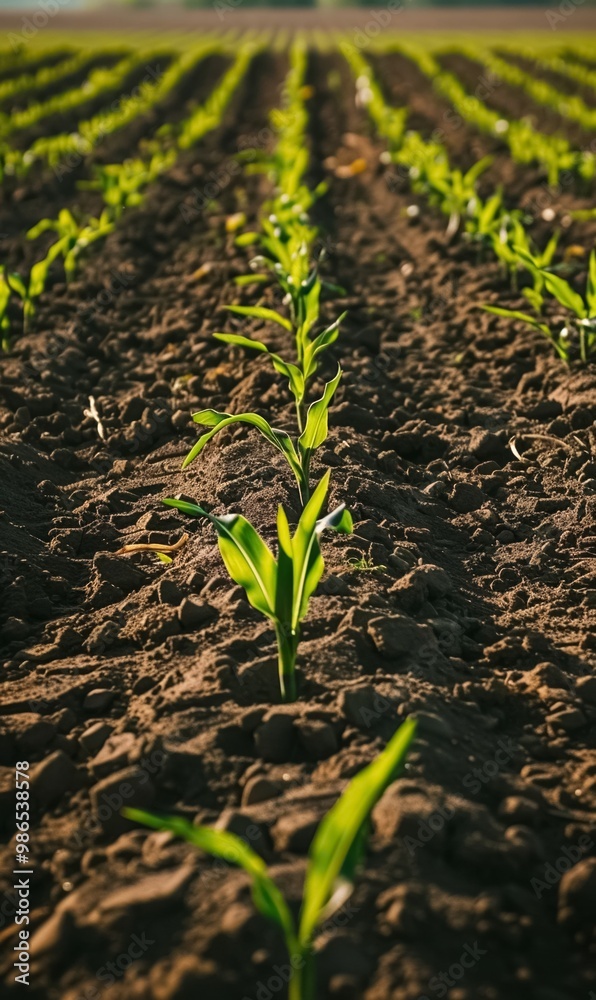 green corn seedlings growing in vast field, agricultural land with fertile soil, young maize plants thriving in cultivated field, fresh sprouts emerging from rich farmland green corn seedlings growing in vast field, agricultural land with fertile soil, young maize plants thriving in cultivated field, fresh sprouts emerging from rich farmland