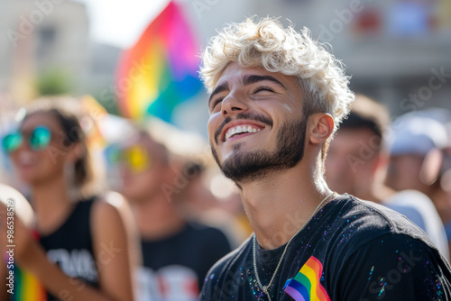 Smiling Man Celebrating at a Pride Parade