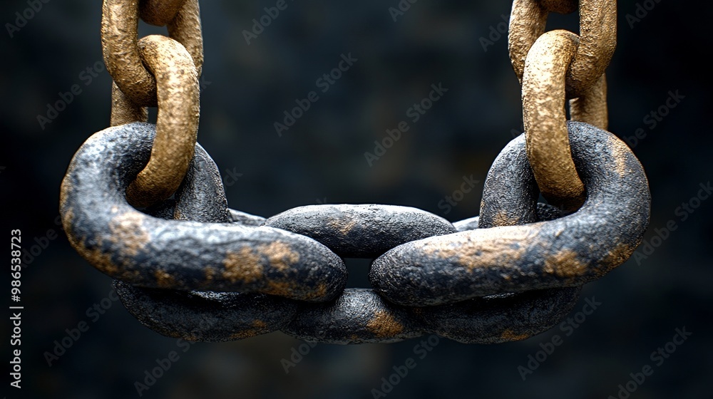 Close-up of a rusty metal chain link, showcasing its texture, strength, and industrial charm against a dark background. Close-up of a rusty metal chain link, showcasing its texture, strength, and industrial charm against a dark background.