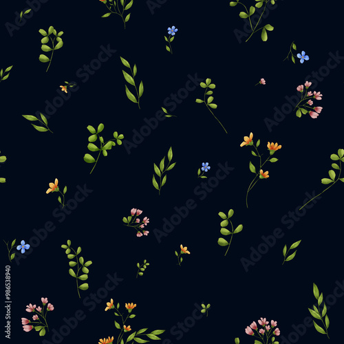 Light meadow flowers and green leaves grow on a seamless pattern. Watercolor digital illustration. Cute flower meadow, isolated on a dark background. Wild flowers and fragile leaves and twigs