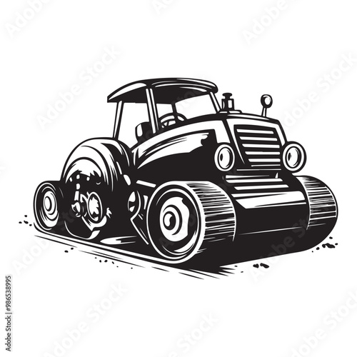 Road Roller Roller-Compactor or Steamroller cartoon Silhouette, compactor roller silhouettes. Heavy machinery for construction and mining