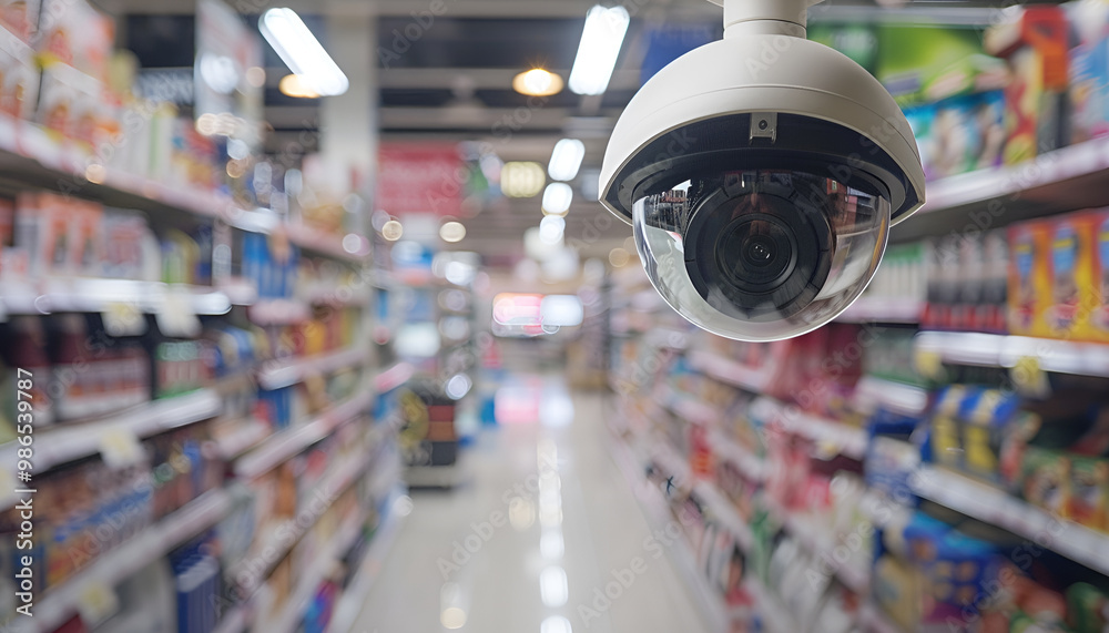 Fototapeta premium Close-up of a security camera in a retail store, highlighting surveillance and theft prevention