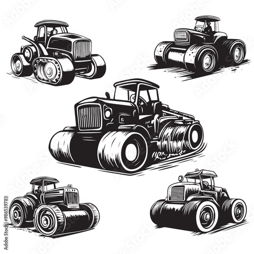 Road Roller Roller-Compactor or Steamroller cartoon Silhouette, compactor roller silhouettes. Heavy machinery for construction and mining