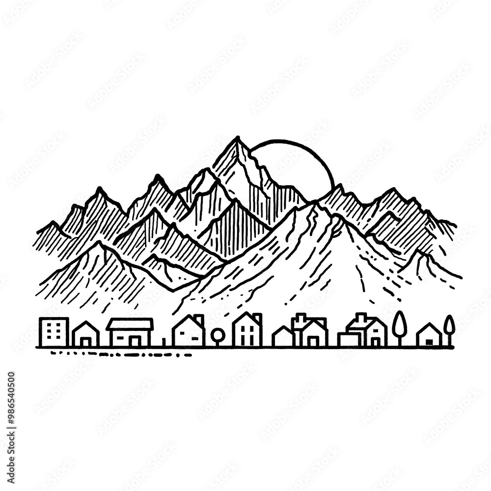 Vector illustration of a village with mountains in the background. Isolated stock image featuring a minimalist black-and-white design perfect for countryside, nature, or real estate themes. Vector illustration of a village with mountains in the background. Isolated stock image featuring a minimalist black-and-white design perfect for countryside, nature, or real estate themes.