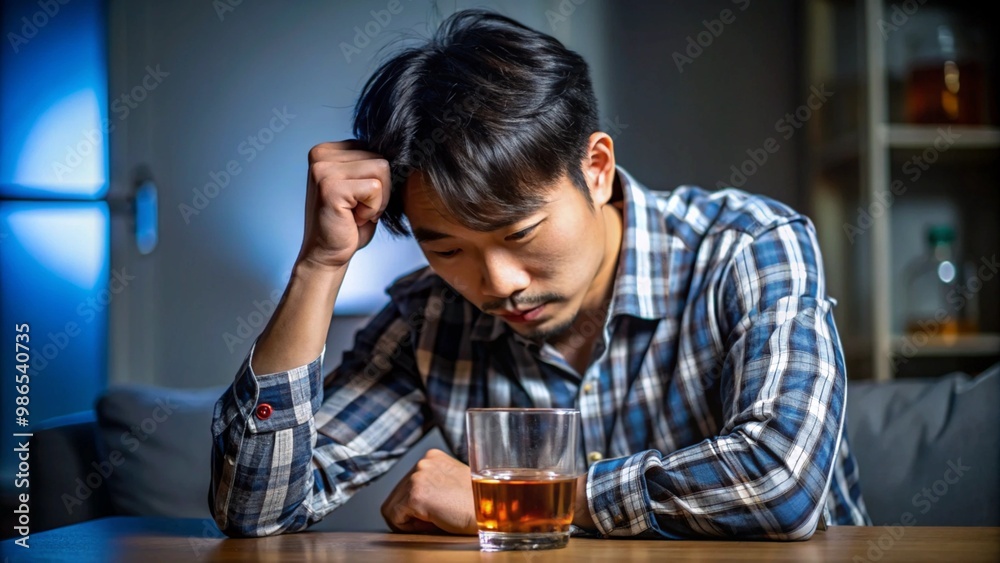 Alcoholism, depressed asian young man refuse, push out alcoholic beverage glass, drink whiskey, sitting alone at night. Treatment of alcohol addiction, having suffer abuse problem alcoholism concept Alcoholism, depressed asian young man refuse, push out alcoholic beverage glass, drink whiskey, sitting alone at night. Treatment of alcohol addiction, having suffer abuse problem alcoholism concept