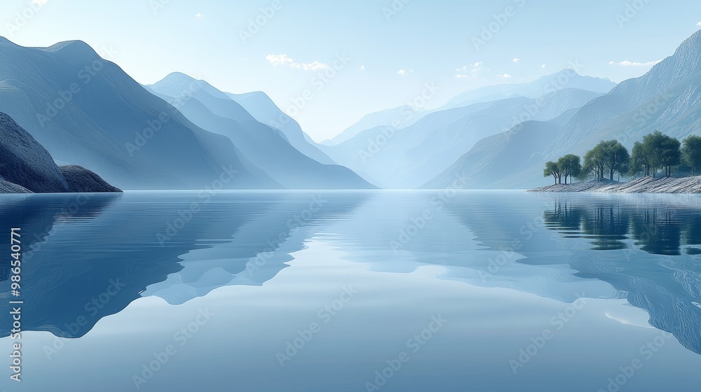 Obraz premium Serene mountain landscape featuring still water and gentle reflections, evoking peace and tranquility in nature.