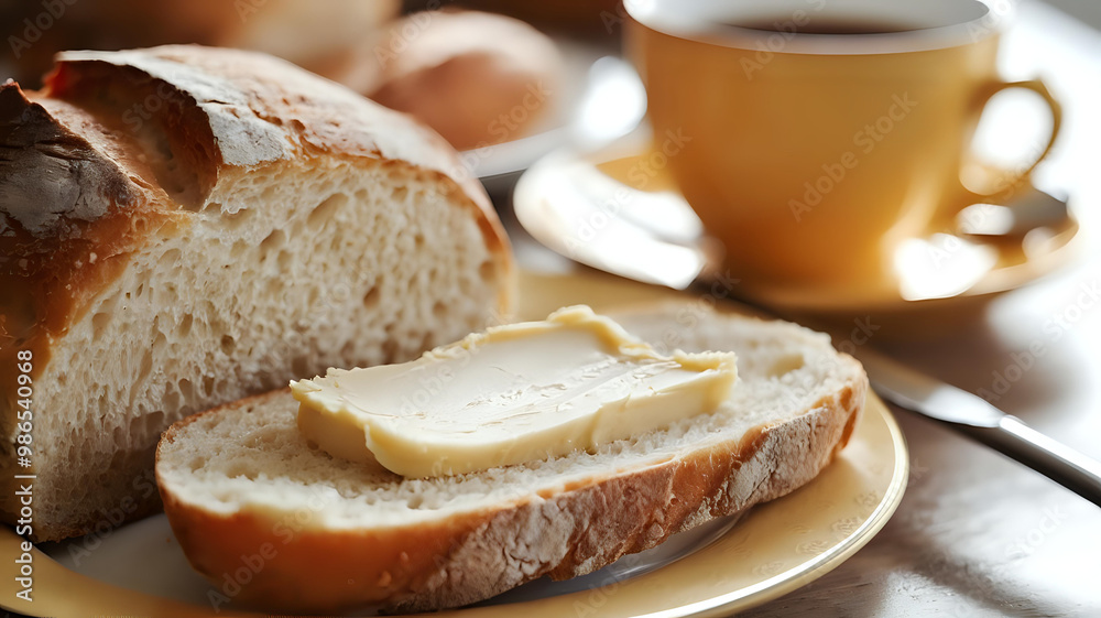 Freshly baked bread with melting butter spread in warm light