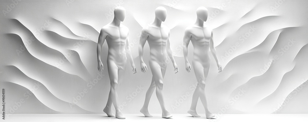 Obraz premium Three abstract figures walk against a textured white backdrop, embodying movement and creativity in a minimalist design.