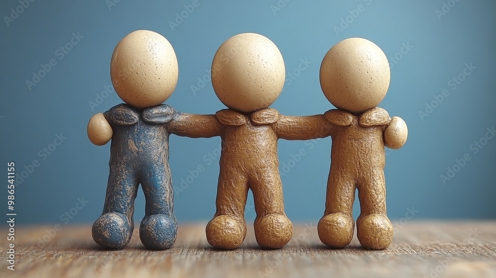Obraz premium Three clay figurines representing friendship and connection on a wooden surface against a blue background.