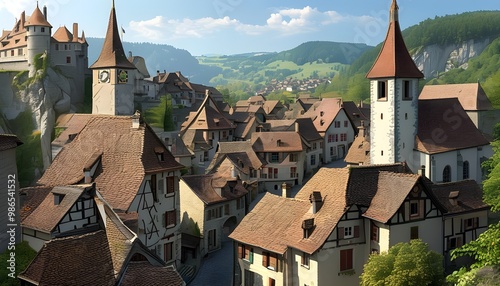 Medieval charm of Gruyeres village showcasing the castle, quaint houses, and Saint Theodule church bell tower in picturesque La Gruyere, Switzerland photo