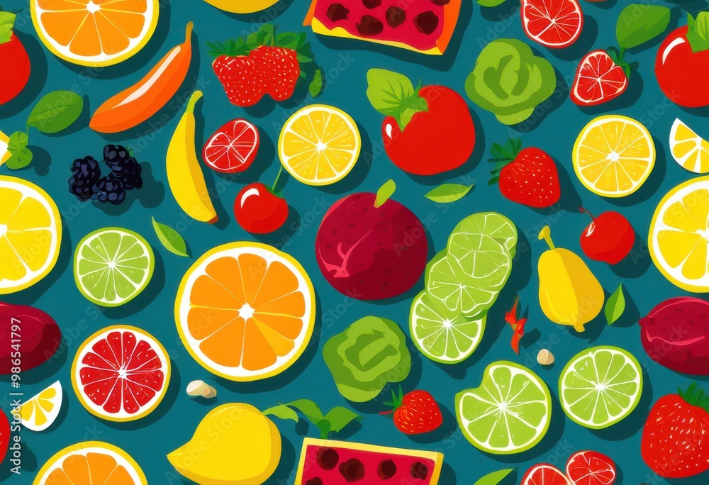 vibrant flat design featuring colorful food icons diverse culinary elements shapes, fruit, vegetable, dessert, beverage, plate, snack, gourmet, cuisine