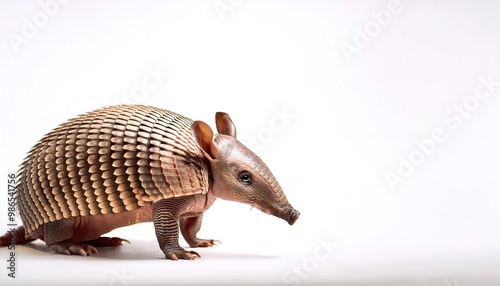 banded Armadillo - Dasypus novemcinctus - long nosed armadillo, is a medium sized mammal, walking side ways looking towards camera. Isolated on white background with copy space photo