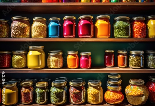 vibrant display canned goods colorful kitchen shelves variety brightly colored labels jars showcasing cheerful culinary environment, food, storage, organization