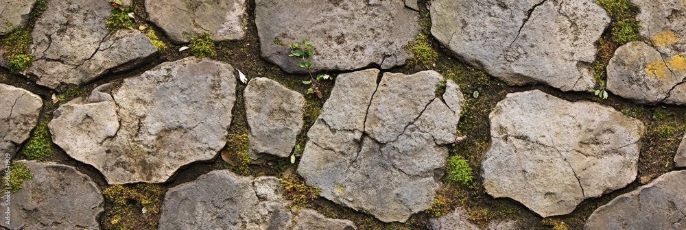 Fototapeta premium Rough stone pavement texture with worn surfaces and moss growing between
