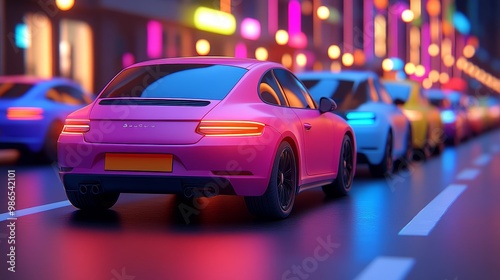 Vibrant street scene featuring colorful cars under neon lights. A stylish pink vehicle stands out amid the urban nightlife.