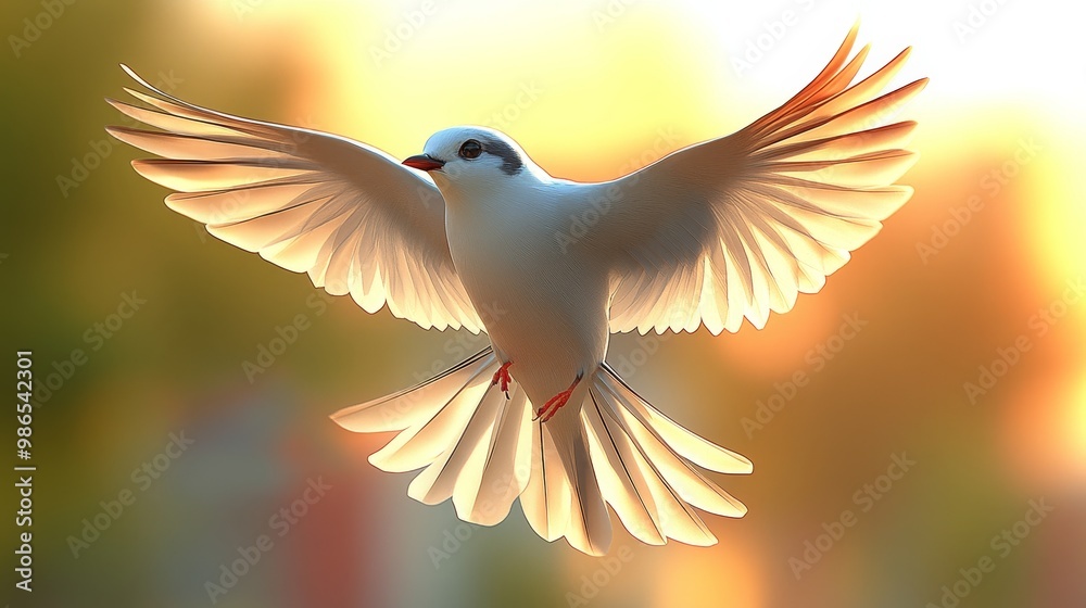 Fototapeta premium A beautiful white bird in flight with glowing wings, capturing the essence of freedom and grace against a soft gradient background.