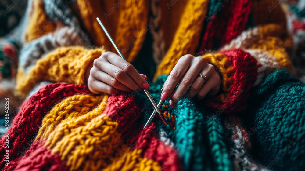 Person Knitting Colorful Scarf with Close-Up of Hands Holding Needles and Yarn Person Knitting Colorful Scarf with Close-Up of Hands Holding Needles and Yarn