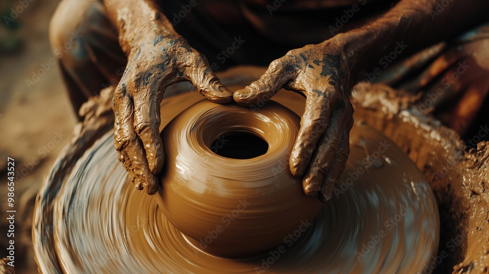 Person Shaping Large Clay Vase at Potter’s Wheel with Wet Hands Person Shaping Large Clay Vase at Potter’s Wheel with Wet Hands