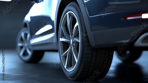 Close-up view of a modern car tire showcasing its design and texture, emphasizing automotive engineering and vehicle performance.