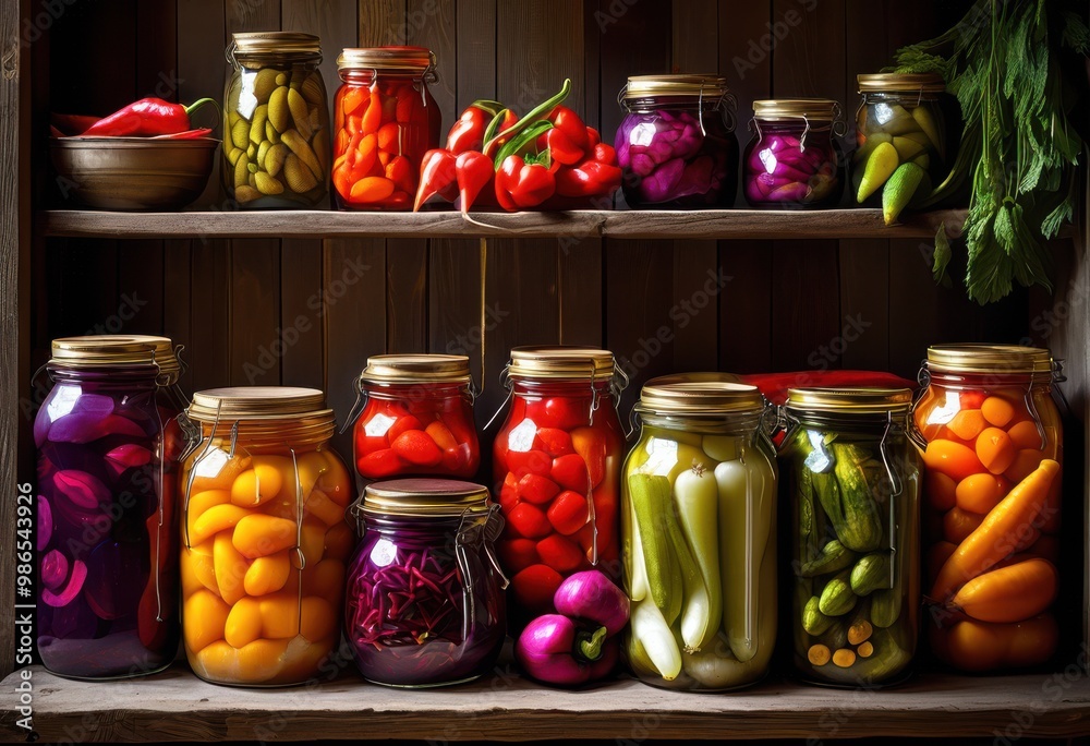 vibrant display colorful jars filled pickled vegetables showcasing variety brightly colored produce, pickles, food, glass, assortment, fresh, preserve vibrant display colorful jars filled pickled vegetables showcasing variety brightly colored produce, pickles, food, glass, assortment, fresh, preserve