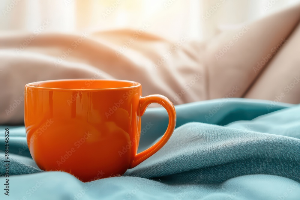 An orange coffee mug resting on soft blue bedding, warm sunlight illuminating the cozy scene. An orange coffee mug resting on soft blue bedding, warm sunlight illuminating the cozy scene.