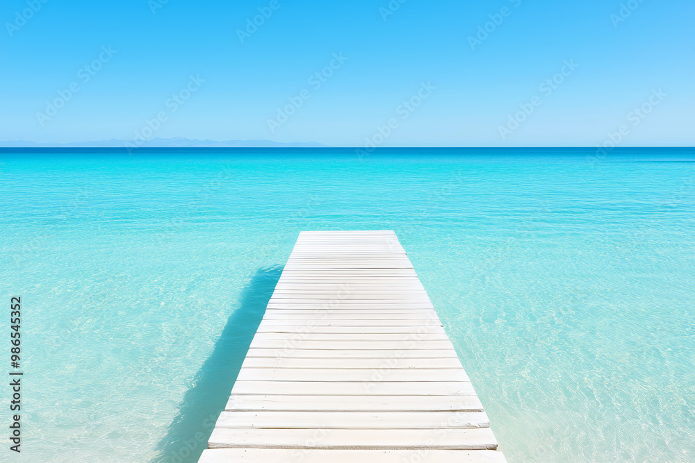 A serene wooden pier extending into clear turquoise water on a sunny day at the beach A serene wooden pier extending into clear turquoise water on a sunny day at the beach