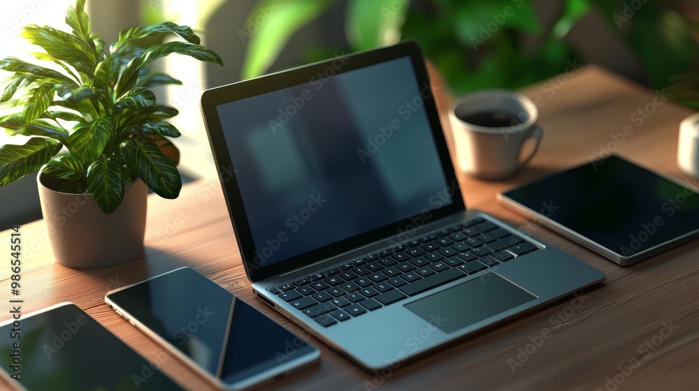 Modern workspace featuring a laptop, tablet, smartphone, coffee cup, and potted plant, perfect for productivity and creativity.