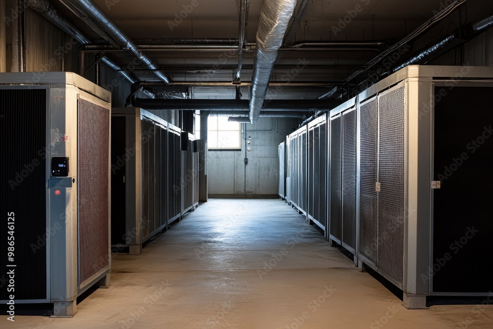Naklejka premium Storage facility corridor with multiple units and a large window illuminating the concrete inside walls