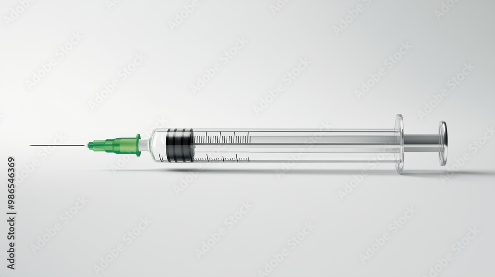 A detailed view of an empty syringe with a needle, placed horizontally against a clean white background. A detailed view of an empty syringe with a needle, placed horizontally against a clean white background.