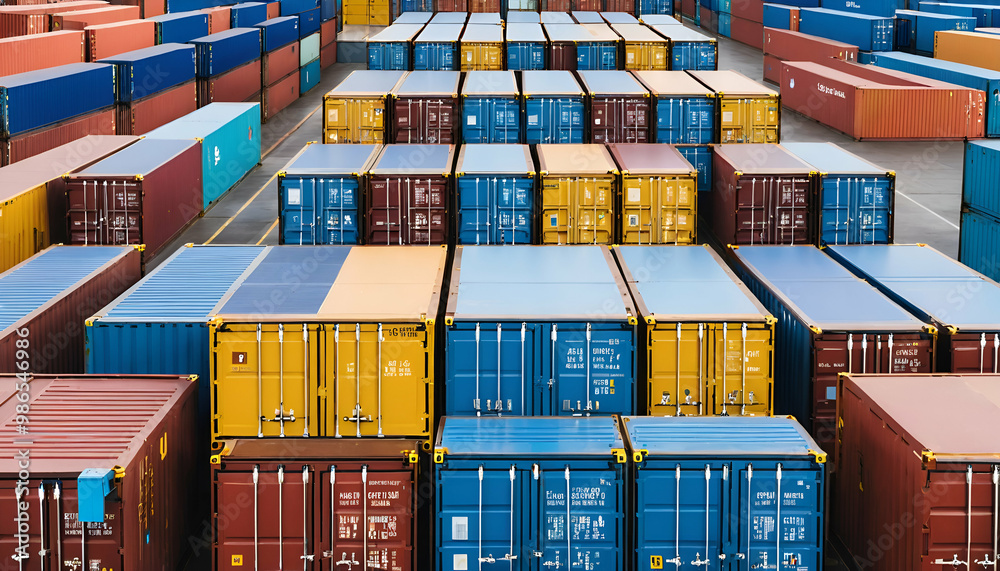 Fototapeta premium Vast shipping yard with towering stacks of colorful containers, organized in neat rows,