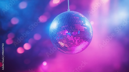 A reflective disco ball hangs in a vibrant party atmosphere, illuminated by pink and blue lights.
