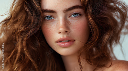 Portrait of a Young Woman with Freckles and Wavy Hair