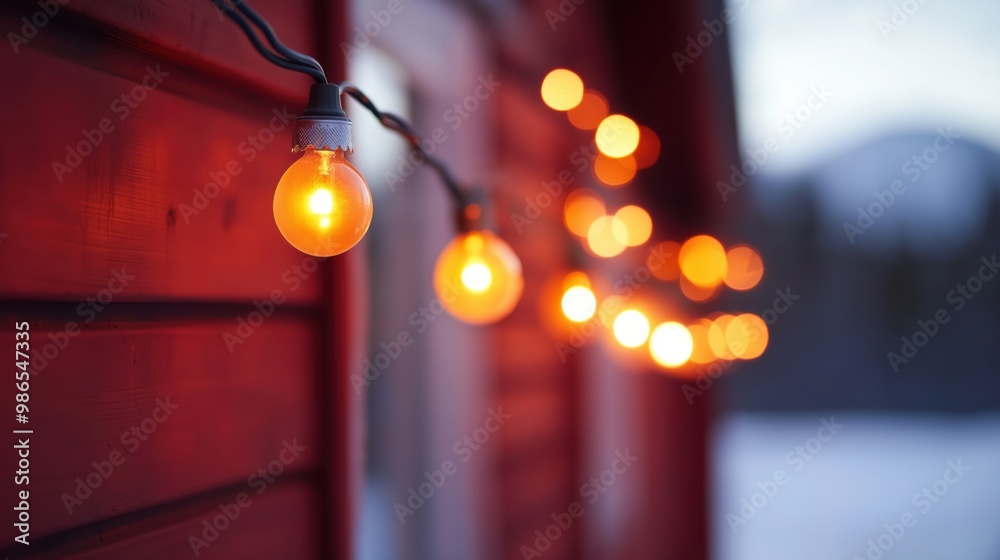 A string of glowing orange lights hangs on a red wooden wall. A string of glowing orange lights hangs on a red wooden wall.