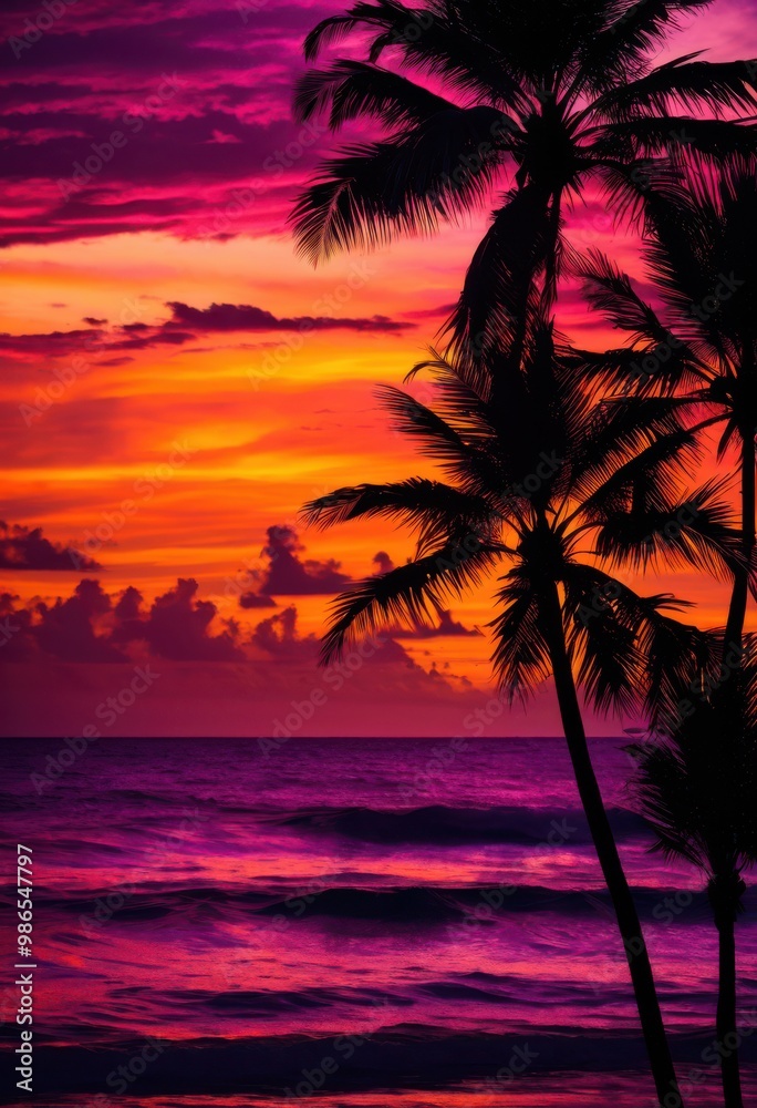 vibrant palm tree silhouette vivid sunset backdrop colorful hues striking contrast, colors, sky, tropical, horizon, light, orange, pink, purple, yellow, blue vibrant palm tree silhouette vivid sunset backdrop colorful hues striking contrast, colors, sky, tropical, horizon, light, orange, pink, purple, yellow, blue
