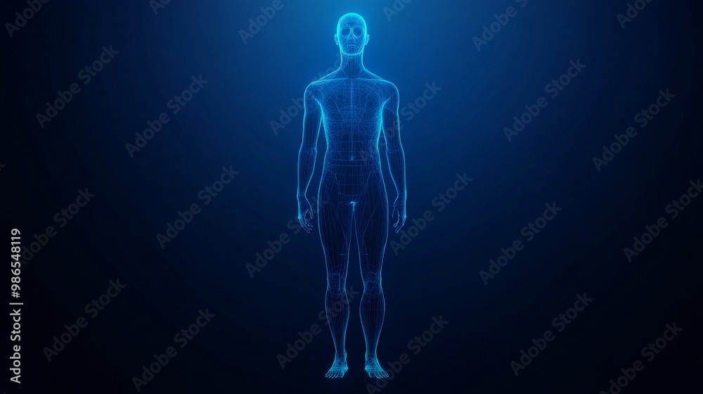 A futuristic blue hologram of a human figure against a dark background, emphasizing technology and body representation. A futuristic blue hologram of a human figure against a dark background, emphasizing technology and body representation.
