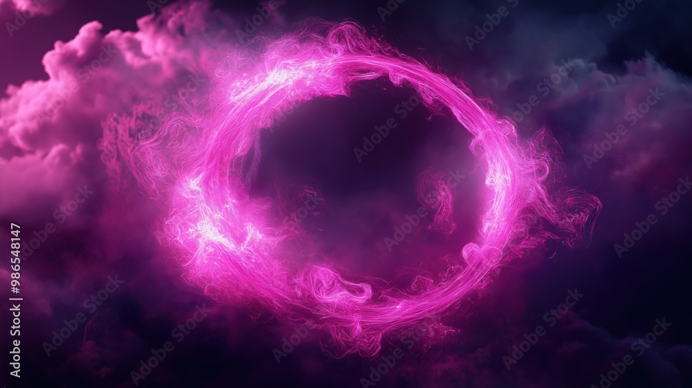 Obraz premium A vibrant purple energy ring surrounded by swirling mist, creating a dynamic and mystical visual effect in a dark background..