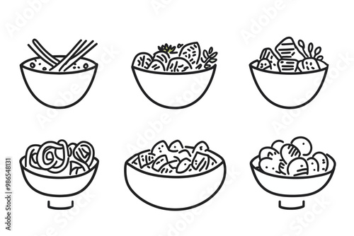 Delicious Doodle Bowls: Six Unique Line Art Illustrations of Bowls of Food 